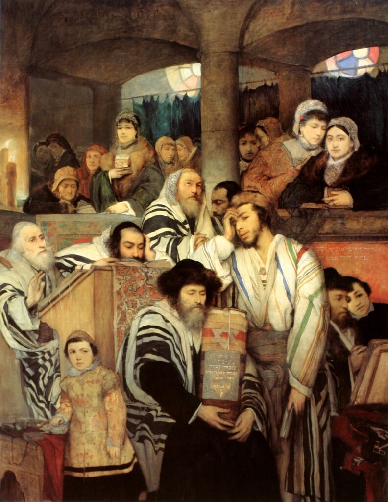 ציורו של מאוריצי גוטליב המתפללים ביום כיפור – מתפללים עטופי טלית בבית כנסת, ובמרכז נער אוחז ספר תורה