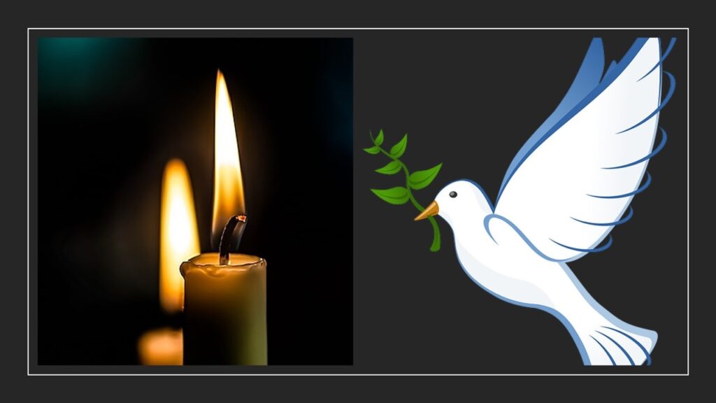 נר זיכרון דולק על רקע שחור לצד איור של יונת שלום לבנה הנושאת עלה של עץ זית במקורה