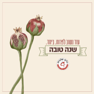 איור של שני רימונים על גבעולים משולבים, אחד מהם פתוח, לצד הכיתוב עוד נשוב לפרוח ביחד והברכה שנה טובה