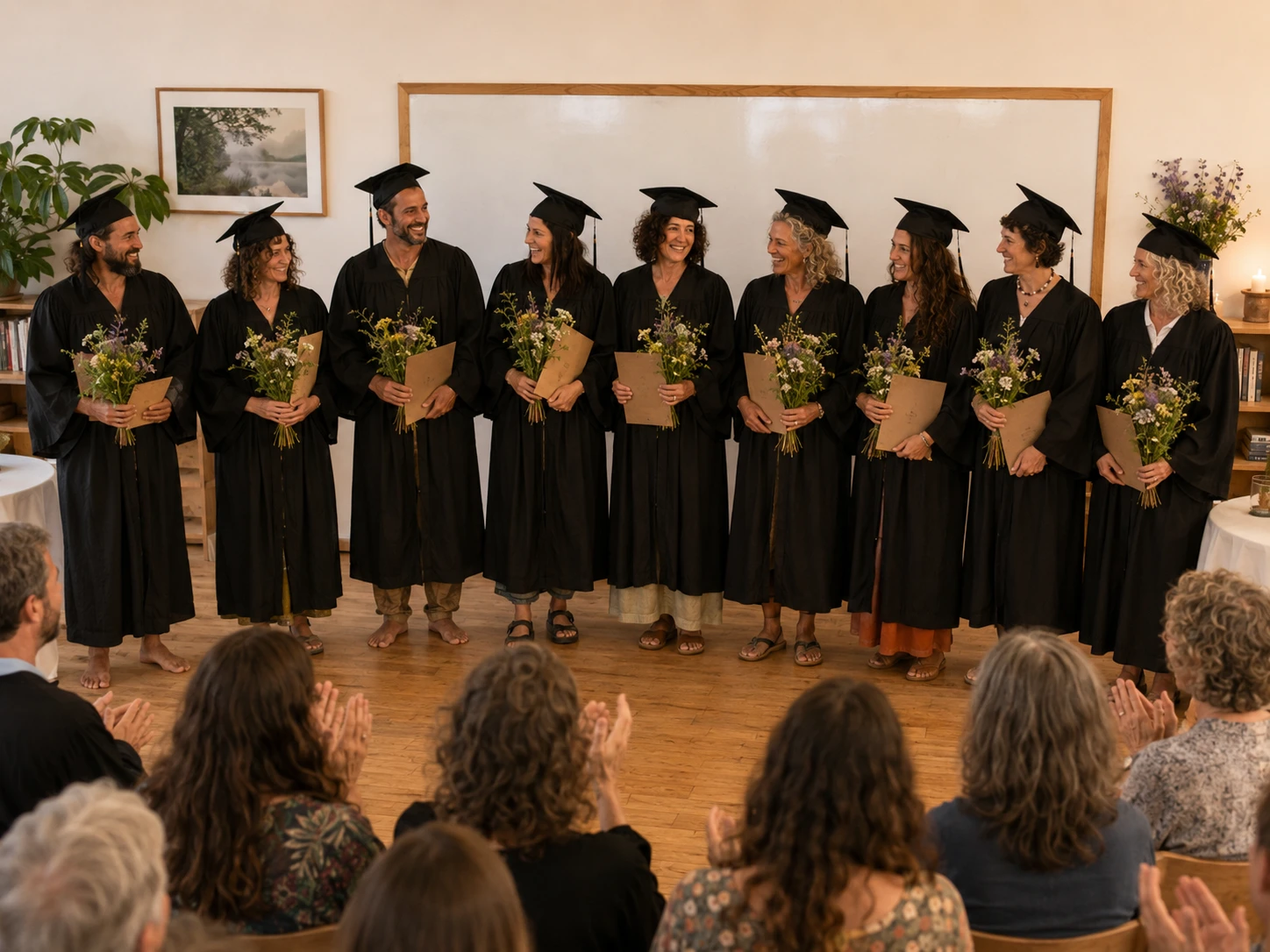 עשרה בוגרים בגלימות וכובעי סיום עומדים בשורה עם זרי פרחים ותעודות, מול קהל מוחא כפיים
