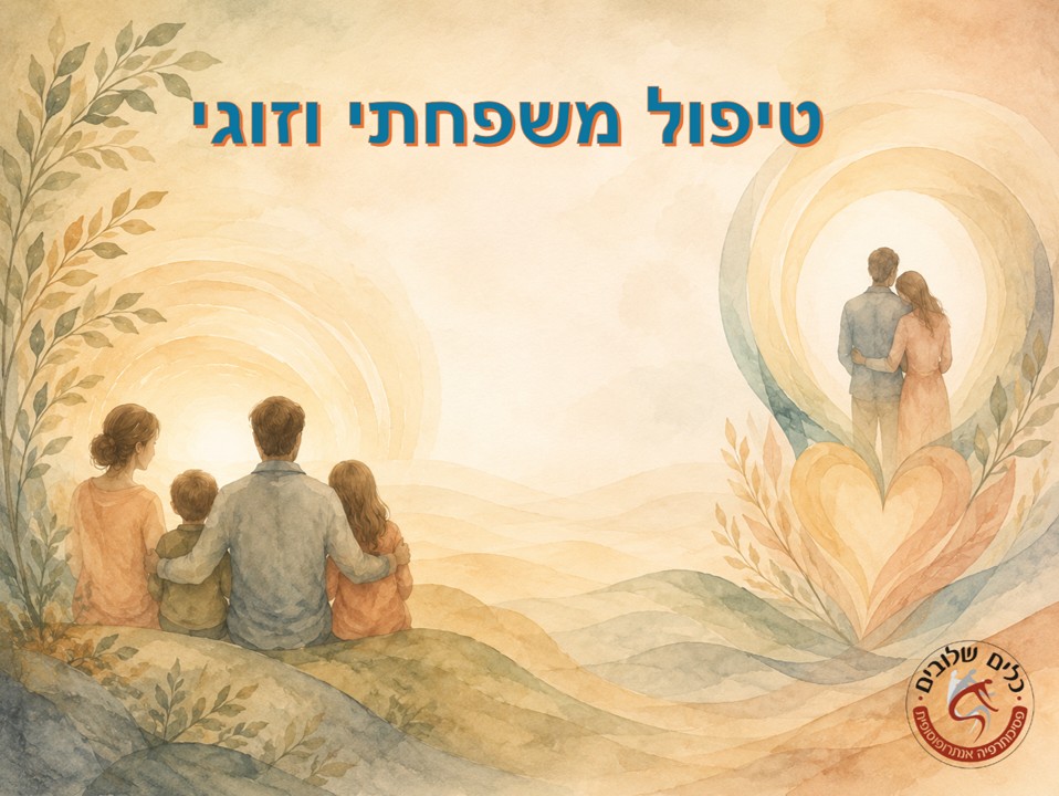 איור בצבעי מים של משפחה יושבת מחובקת מול נוף וזוג בתוך צורת לב, לצד הכיתוב טיפול משפחתי וזוגי